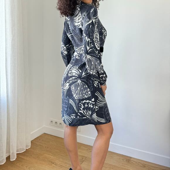 Vintage Italian Monochrome Butterfly Dress with Velvet Trim (S) - Picture 2 of 10